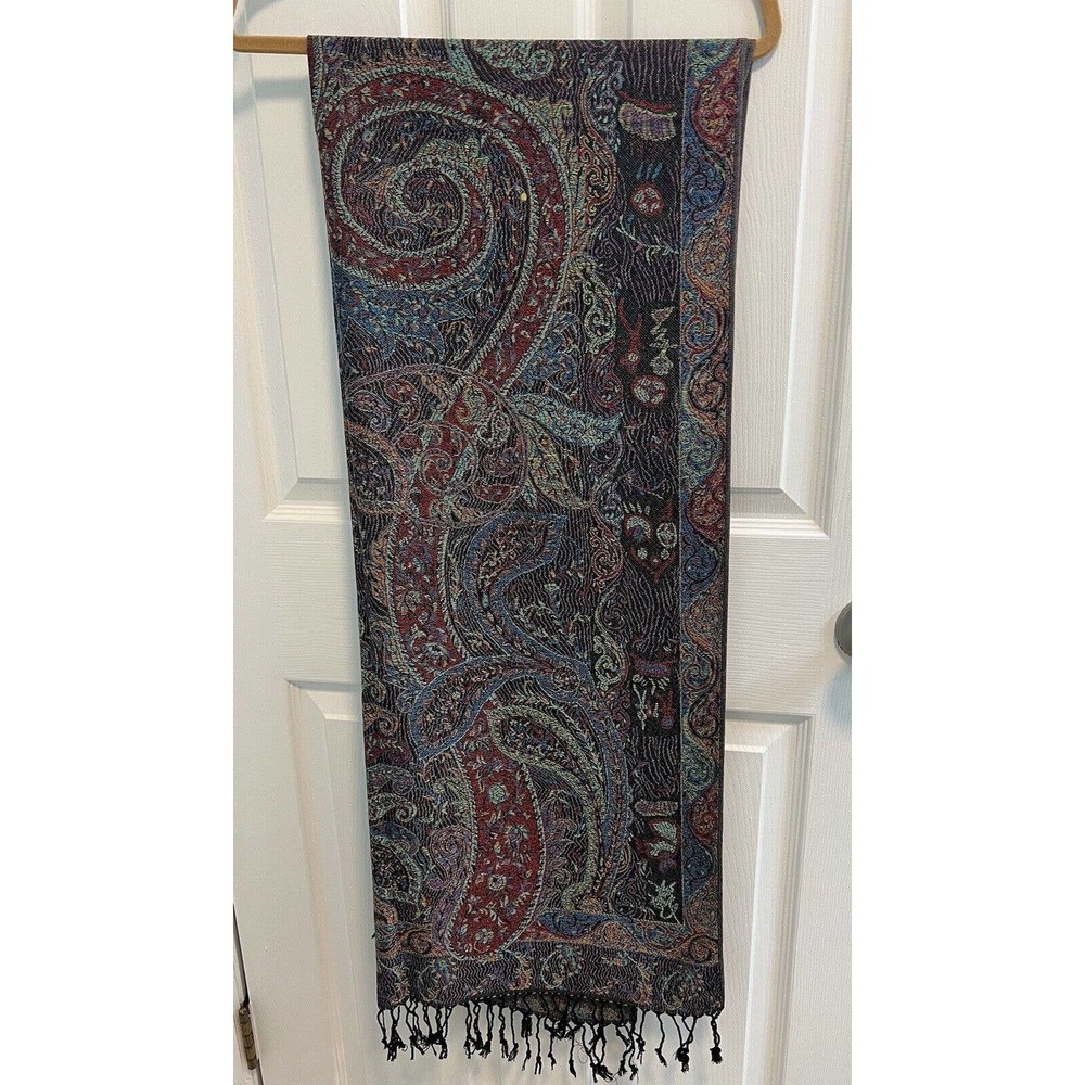 Pashmina Scarf Wrap Shawl Womens Fringe Black Multi 100% Pashmina 27x66 New